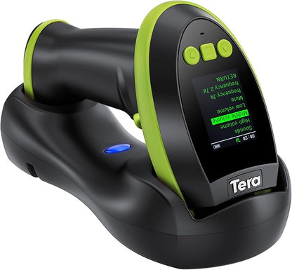 Tera Barcode Scanner Wireless with Screen: Pro Version 1D 2D QR with Setting Keypad Charging Cradle Works with Bluetooth 2.4G Wireless USB Wired Handheld Bar Code Reader HW0009 Green