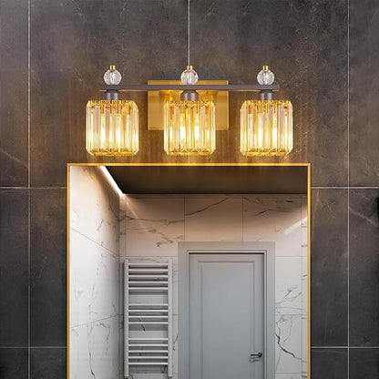 FDPBY 3-Light Modern Crystal Vanity Light - Black Gold Bathroom Light Fixtures Over Mirror