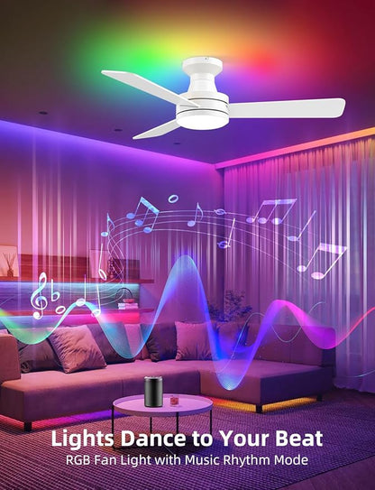 Homlit 42 inch RGB Ceiling Fan with Light, Smart App & Remote Control Low Profile Flush Mount, Music Sync Lighting, 6-Speed Quiet Reversible DC Motor, 4CCT Dimmable for Home Office Party,White