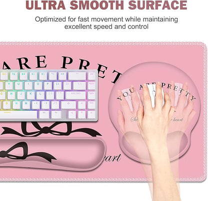 Gaming Mouse Pad, Large Desk Mat, Cute Desk Pad Protector, 4in1 XXL Mousepad + Keyboard Wrist Rest+Mouse Wrist Rest+Coaster Set with Ergonomic Desk Pad for Home Office Table Computer, Pink Pretty Bow
