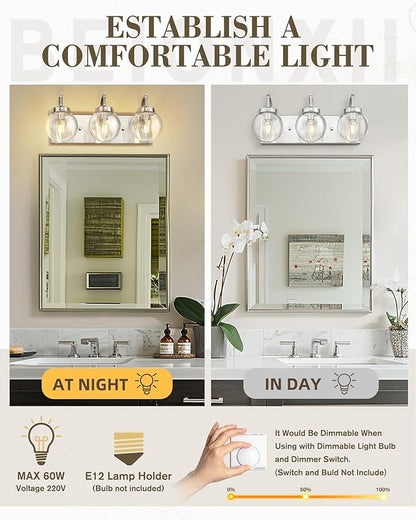 Beionxii Brushed Nickel Bathroom Light Fixtures, 3-Light Bathroom Vanity Light Over Mirror, Modern Vanity Lighting Fixtures with Clear Glass Shade for LivingRoom Hallway, BX-VL03BN-3CG