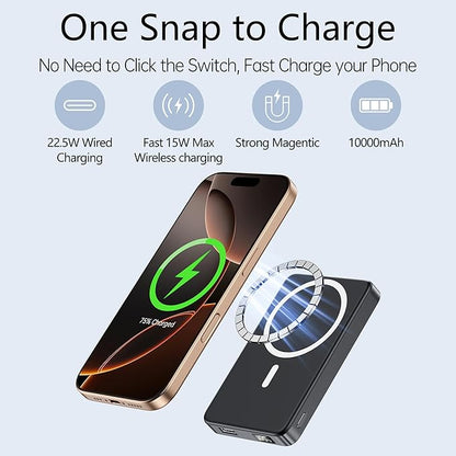 YUJE for Magsafe Battery Pack Magnetic Power Bank 10000mAh, Wireless Portable Charger with Foldable Stand Dual USB-C & USB-A Port Fast Charging Compatible with iPhone 16/15/14/13/12 Pro/Max/Plus
