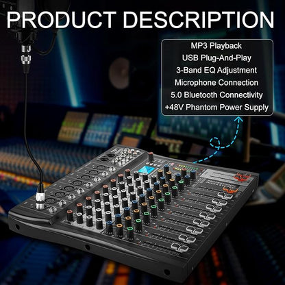 8 Channel Professional Audio Mixer with 48V Phantom Power, USB Audio Interface, Bluetooth & MP3 Player, Sound Board for Podcast, Home Studio, Live Streaming & Recording