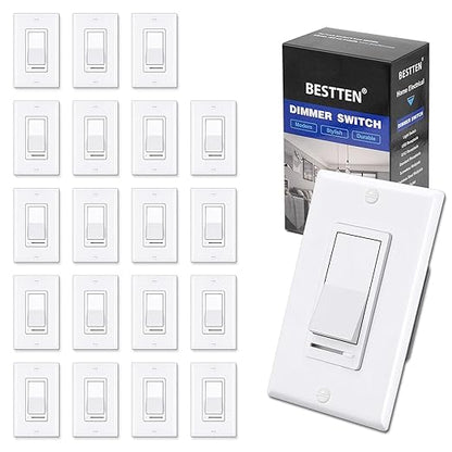BESTTEN 20 Pack Dimmer Light Switch, Compatible with LED Dimmable Lamp, CFL, Incandescent, Halogen Bulb, Single Pole or 3 Way LED Slide Dimmer Switch, Decorator Wall Plate Included, UL Listed, White