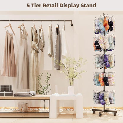 YEOOE Retail Display Racks 5 Tier Spinning Display Stand, Movable Shop Spinner Rack with Hooks, Retail Display Stand for Jewelry Keyring Hats Socks Toys (Black)