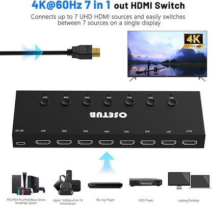 HDMI Switch 7 in 1 Out 4K@60Hz, 7 Port HDMI Switcher Selector Support HDR & HDCP 2.2 & Full 3D Compitable with Nintendo Switch,Xbox PS5/4,Fire Stick,Roku,Apple TV for Gaming & Home Entertainment