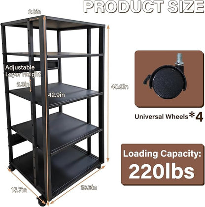 jvsufuik 5-Tier AV Media Stand with Wheels, Media Console Cabinet With Adjustable Shelves, Metal Audio Rack, Mobile Game Console Stand, Stereo Audio Cabinet For Record Player, Dvd, TV Box