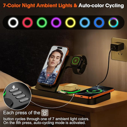Dual Phone Magnetic Wireless Charging Station for Apple Devices/Apple Ecosystem,with Auto-Switch 7-Color Light & Clock, Compatible with iPhone 17/16/15, for iWatch 11/10/9 & AirPods Pro3（Black