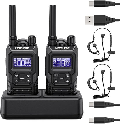 Ketelese T4 Walkie Talkies Long Range, IP67 Waterproof Dustproof Two Way Radio, Walkie Talkie Earpiece with Mic for Adult, USB, NOAA, VOX, Group Call, PTT(Black/ 2Pack)