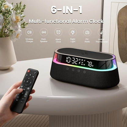 KUANGXIANG 6-in-1 Bluetooth Speaker Alarm Clock with Remote, 15W Fast Wireless Charger Portable Speaker, FM Radio & Dimmable LED Night Light, Snooze 12 24H Dual Digital Clock for Bedroom Home Office