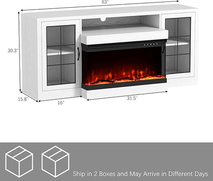 CharaVector 63 inch Fireplace TV Stand for TVs up to 75" with 30" 3-Sided Electric Fireplace, Farmhouse Entertainment Center with Glass Doors & Storage Cabinet, White Oak