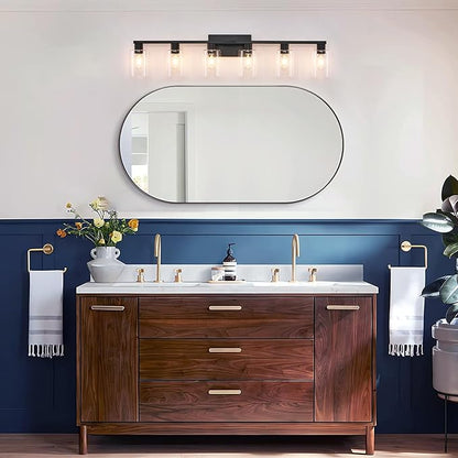 SOPEAS 6-Light Bathroom Vanity Light Black Vanity Lights for Bathroom Light Fixtures Matte Black 6 Light Fixtures with Clear Glass Shades for Bath Over Mirror