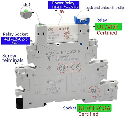 Electromagnetic Relay 5VDC SPDT 6Amp, Power Relays with LED Indicator, Socket Base, DIN Rail, Ultra Thin 6.2mm, UL Certification
