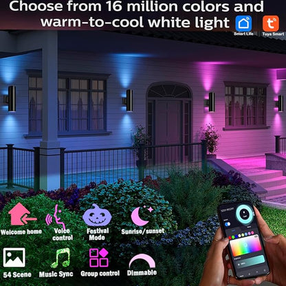 rosykite Exterior Double Up Down Outdoor Wall Lights,Mi.Light Remote Control RGB Color Changing 1000lm Warm White 3000k RGBW Cylinder Outdoor Wall Light,Smart LED Exterior Lighting (4 Pack)