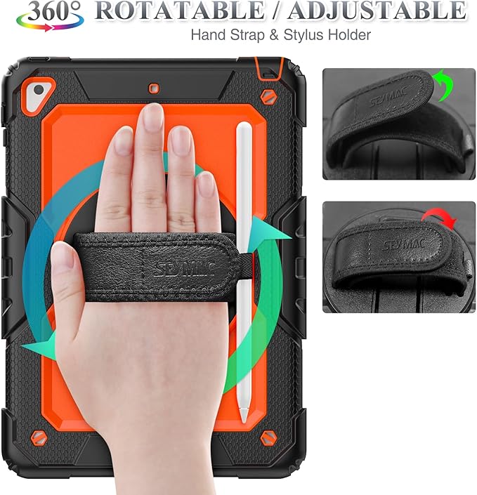SEYMAC stock Case for iPad 6th / 5th Generation Case/Air 2 / Pro 9.7 inch, Heavy Duty Protective with Screen Protector, with Pencil Holder, Hand Strap, Shoulder Strap, 360 Rotate Stand, Orange+Black