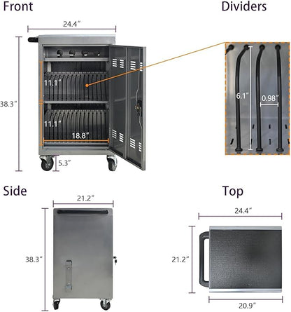 32-Bay Mobile Charging Cart with Keyed Lock, Steel Laptop & Tablet Charging Cabinet with Cable Management, Rolling Power Station for Classroom, Office, School, Library