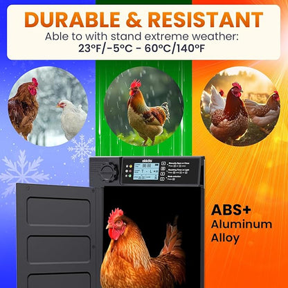 Okköbi Automatic Chicken Coop Door PRO - Light Sensor & Timer - Anti-Pinch Function - Wide Opening - New Model - Solar Powered with LCD Display - 5 Year Protection