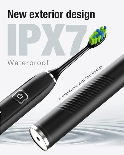 7AM2M Sonic Electric Toothbrush with 6 Brush Heads for Adults&Kids, One Charge for 120 Days, Wireless Fast Charge, 5 Modes, 40000VPM Powered Toothbrush, 2 Minutes Built in Smart Timer (Black)