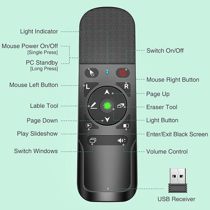 Presentation Clicker Green Laser Pointer with Air Mouse Function, Wireless Presenter Clicker RF 2.4GHz USB Presenter Control PowerPoint Presentation Clicker for Mac, Laptop, Computer