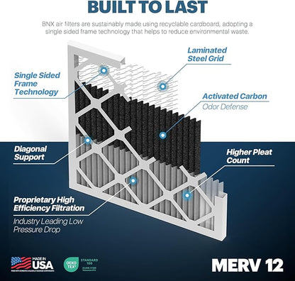 BNX TruFilter 14x14x1 MERV 12 Odor Defense (4-Pack) AC Furnace Air Filter with Activated Carbon - MADE IN USA - Pleated Air Conditioner HVAC AC Furnace Filters - Removes Odor, Mold, Bacteria, Smoke