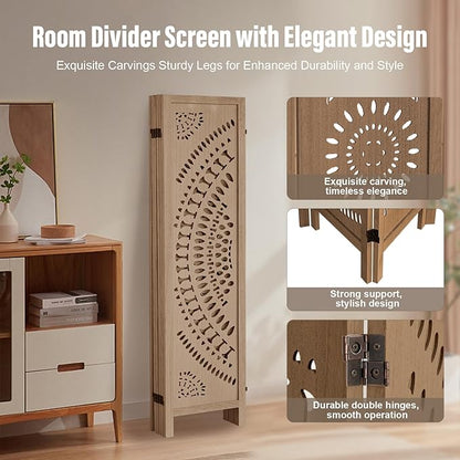 ALeesing 6 Panel Wood Room Divider Fully Assembled, Decorative Room Dividers and Folding Screens, 5.6Ft Room Divider Screen Freestanding Partition Wall Dividers for Home Bedroom Office, Brown