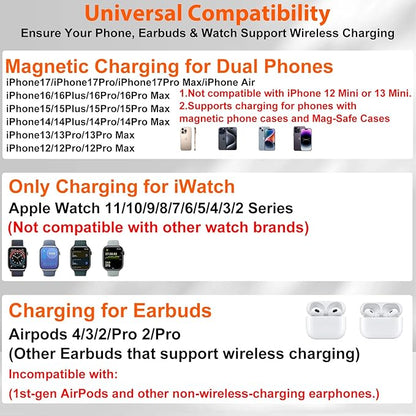 Dual Phone Magnetic Wireless Charging Station for Apple Devices/Apple Ecosystem,with Auto-Switch 7-Color Light & Clock, Compatible with iPhone 17/16/15, for iWatch 11/10/9 & AirPods Pro3（Puple