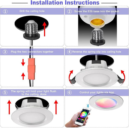 VANANCE 4" Smart Recessed Lighting 6 Pack, Dimmable, Multicolorred, 2700K~6500K, CRI80+, Color Changing Retrofit Bluetooth Mesh LED Ceiling Light, 4 Inch RGB Canless LED Downlight