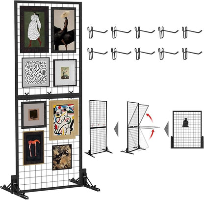 Grid Wall Display Panel Heavy-Duty Foldable, 2ft x 6ft Black Wire Wall Grid 1-Pack with 10 Hooks, Spring-Loaded Pins( Flat Base) for Retail Display Racks,Vendor Booth Display Stand, Trade Exhibits