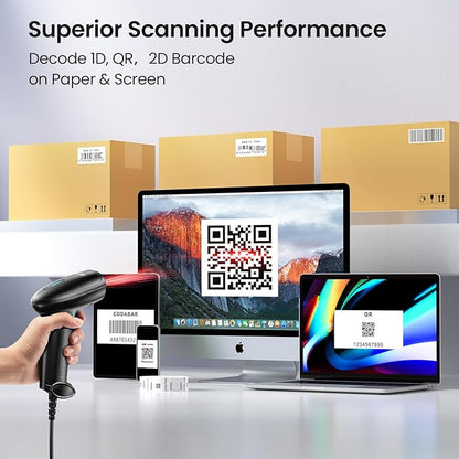 Barcode Scanner with Stand, USB Wired Inventory 2D 1D QR Code Scanner,Compatible with Computer POS MAC with Automatic Scanning, Handheld Barcode Reader for Library Supermarket（Green）