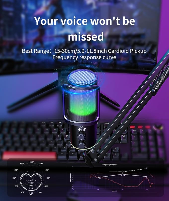 Gaming USB Microphone Kit with Boom Arm - RGB Condenser Mic with Noise Cancellation, Mute Button Reverb Adjustment, Monitoring for Streaming, Podcasting, Discord, YouTube