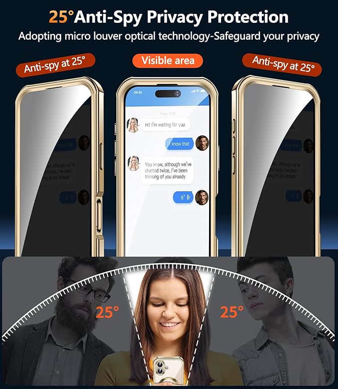 [360° Rotatable CD Stand & Built-in Privacy Screen Magnetic Case for iPhone 16 [Compatible with MagSafe & Full Signal] Mil-Grade Shockproof Full Body Anti-Spy Cover for 16-Gold