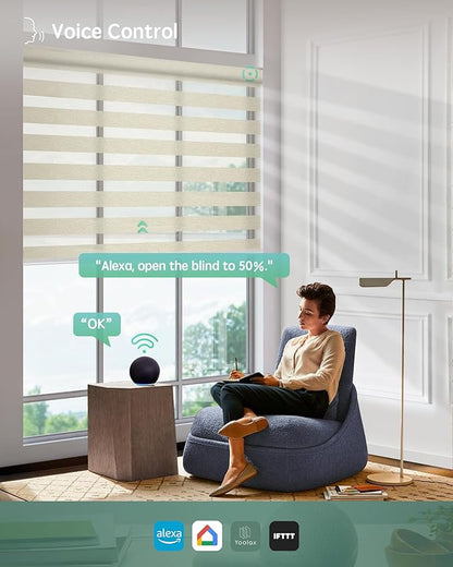 Yoolax Motorized Zebra Blinds Compatible With Alexa, Custom Size Electric Blinds With Remote, Privacy Window Shades (Beige)
