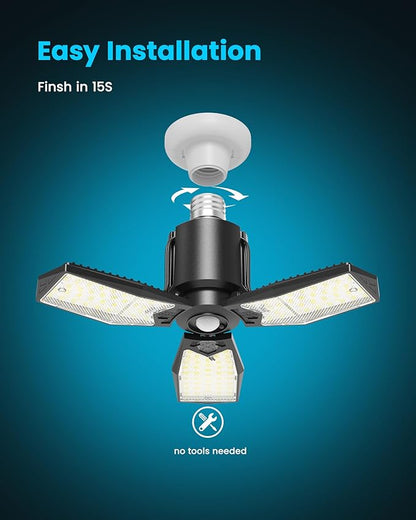 Kryoza Motion Sensor Garage Light 80W 8000LM, Motion Activated Shop Light with 360° Detection and 3 Deformable Panels, 3 Modes Screw-in Garage Ceiling LED Bulb for Indoor Basement, Attic 1-Pack