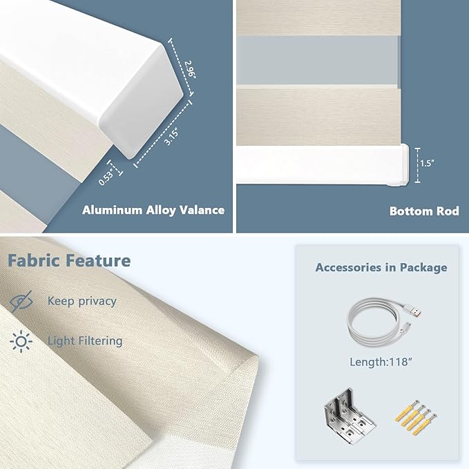 COOLWINDS Motorized Zebra Blinds for Windows Cordless Electric Curtains with Remote Control Blackout Shades Custom Smart Blinds Compatible with Alexa Google Home(Light Filtering Beige,W44 X 72in)