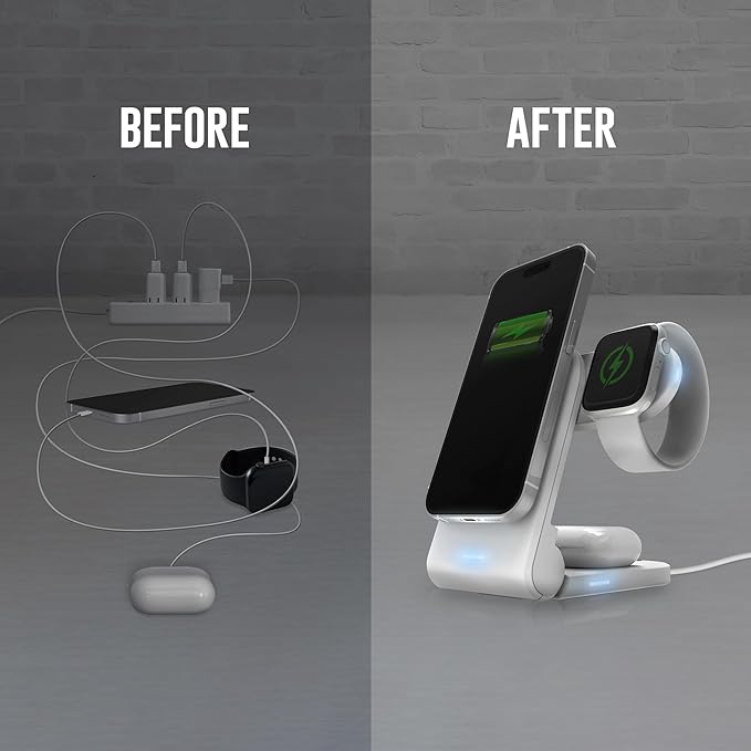 STM ChargeTree Mag: 3-in-1 MagSafe Wireless Charging Station for iPhone 16, 15, 14, 13, & 12 Series, Apple Watch, and AirPods - Foldable and Space-Saving Dock - Black