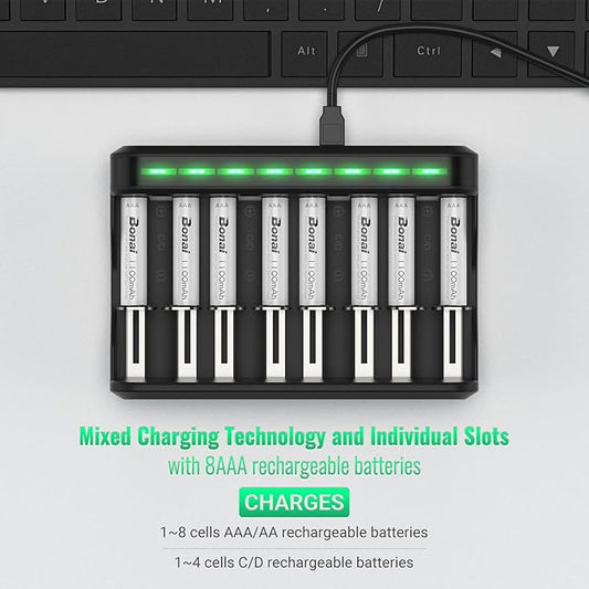 BONAI AAA Rechargeable Batteries, 8 Pack 1100mAh NiMH Batteries with Smart Universal Battery Charger