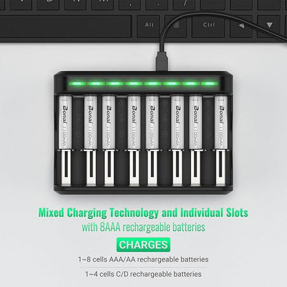BONAI AAA Rechargeable Batteries, 8 Pack 1100mAh NiMH Batteries with Smart Universal Battery Charger