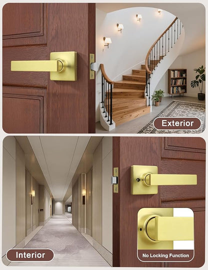 Mengico 4 Pack Passage Door Levers Gold Finish, No-Locking Keyless Square Door Knob, Interior Door Handles for Closet and Hallway, Reversible for Left & Right Handed