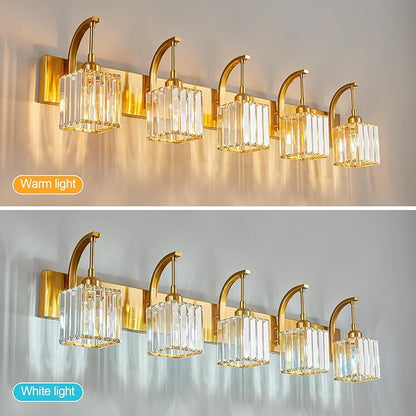 FDPBY 5-Light Crystal Vanity Light, Modern Gold Bathroom Wall Sconce with K9 Crystal Shades, 42.51" Long Over Mirror Lighting for Vanity, Makeup, Hallway, Elegant & Easy Installation