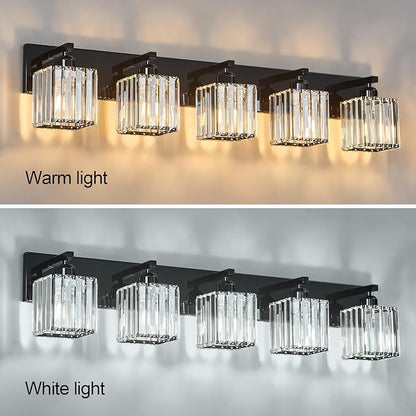 FDPBY Modern Bathroom Vanity Light 5-Lights Plating Black Crystal Bathroom Wall Light Vanity Light Fixtures