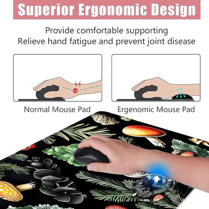BFUKVOU Large Keyboard Mouse Pad Set, Extended Mouse Pad+Keyboard Wrist Rest Support, Memory Foam Ergonomic Easy Typing, 4Pcs (31.5×11.8 in) Desk Pad Set for Office Home,Mushrooms and Leaves
