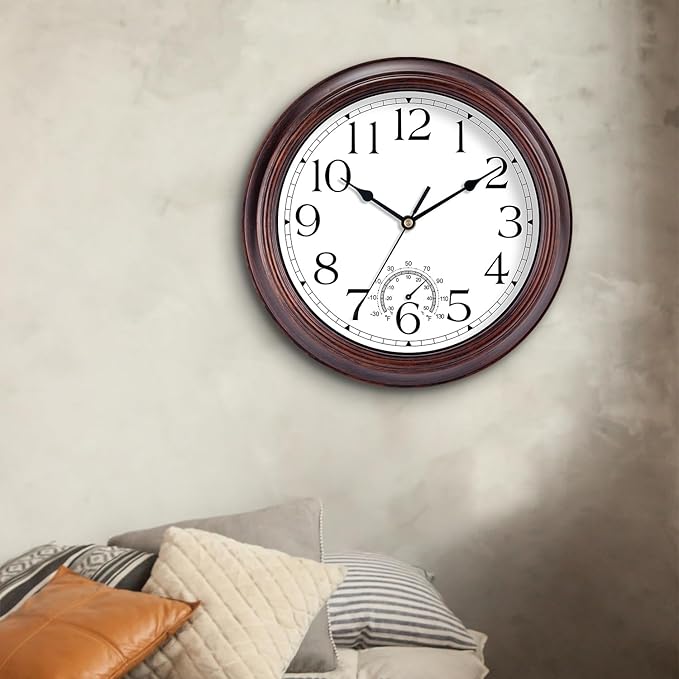 KECYET 14 Inch Outdoor Wall Clock with Thermometers, Vintage Silent Wall Clocks Battery Operated, Retro Non-Ticking Clock Decorative for Living Room, Patio, Kitchen, Office, Bathroom, Bedroom(Bronze)