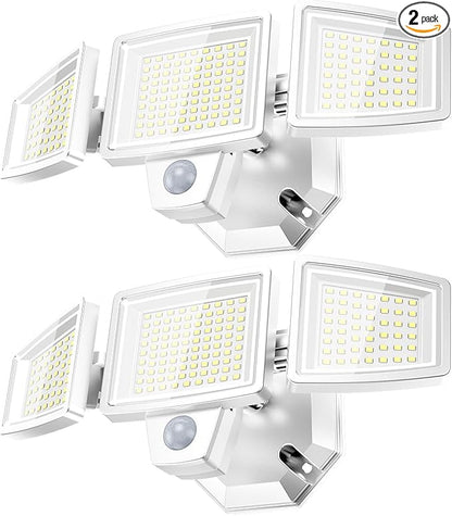 PURICH LED Security Lights Motion Sensor Outdoor Lights, 5000K Daylight, IP65 Waterproof, Dusk to Dawn, 3-Head Motion Detected Flood Light for Garage, Yard, Porch, White, 2 Pack