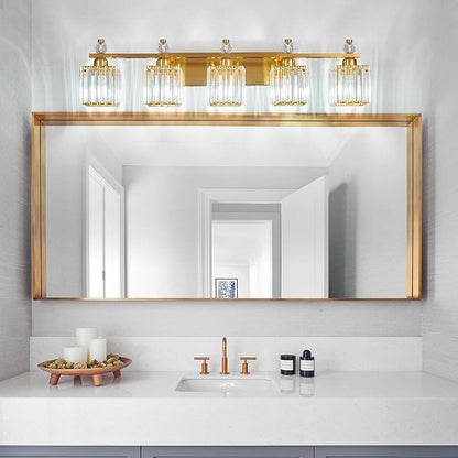 FDPBY Vanity Lights 5-Light Modern Crystal Vanity Light Gold Bathroom Light Fixtures Over Mirror Crystal Bathroom Vanity Lighting Fixtures