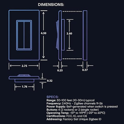 RunLessWire Click for Philips Hue – Battery-Free Wireless Smart Light Switch, 30ft Range – Works Natively with Philips Hue Bridge – Wall Mount Kinetic Switch - Decora Style, Black
