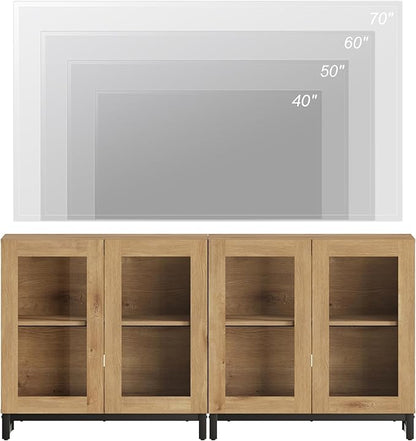 WAMPAT Modern TV Stand with Glass Doors for 32-70 inch TVs, Farmhouse Entertainment Center Media TV Console with Adjustable Shelves for Living Room, Bedroom, Oak