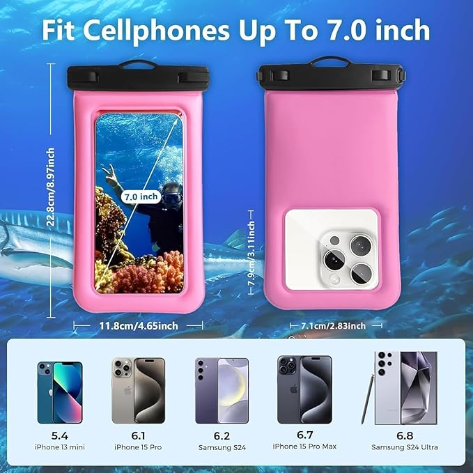 Floatable Waterproof Phone Pouch/Case with Crossbody Lanyard for iPhone 16 Pro Max/15 Pro/14/13/12, IP68 Cellphone Dry Bag Beach Cruise Ship Essentials, 1 Pack-Pink-7″