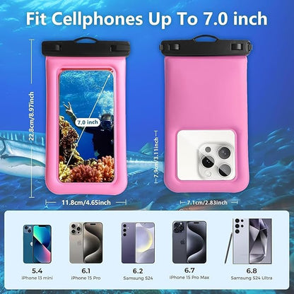 Floatable Waterproof Phone Pouch/Case with Crossbody Lanyard for iPhone 16 Pro Max/15 Pro/14/13/12, IP68 Cellphone Dry Bag Beach Cruise Ship Essentials, 1 Pack-Pink-7″