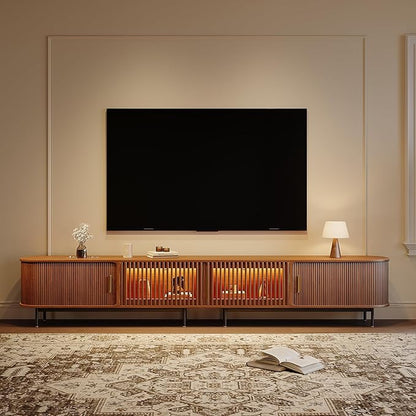 POVISON Sliding Tambour Door TV Stand with LED Lights, Mid Century Modern TV Console, Wood Media Console, Entertainment Center with Storage Cabinet, Fully-Assembled (Walnut, 118.11")