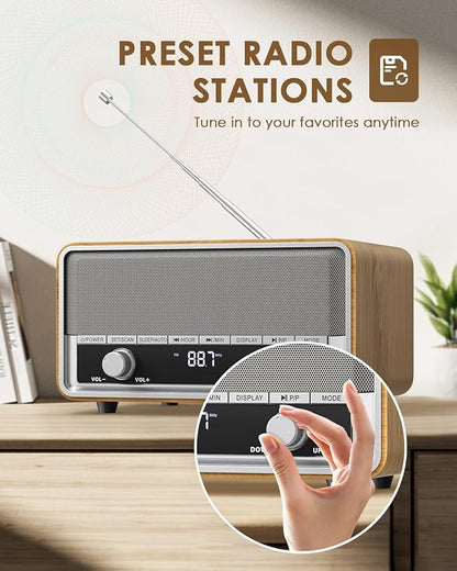 Vintage Wood AM FM Bluetooth Radio with Clock, Digital Clock Radio for Bedroom with LCD Display | 40 Presets | Sleep Timer | No Alarm, Retro Bluetooth Speaker for Office, Kitchen (Wood)